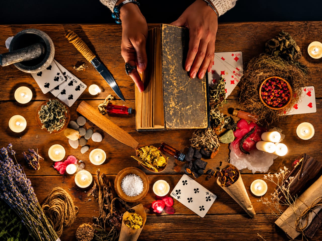 Candles, herbs, and an open book arranged on a rustic ritual table